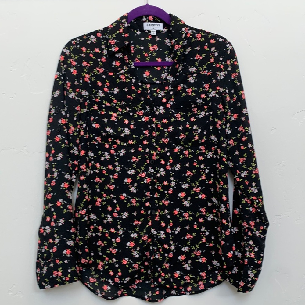 Black floral long sleeve portofino blouse Express S